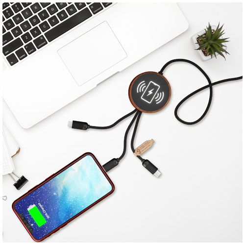 madera/negro Cable de carga 5 en 1 de PET reciclado con logo retroiluminado y base de carga de 10 W