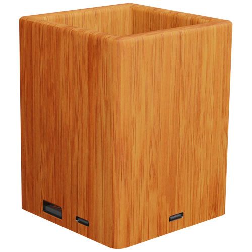 Soporte para lápices de madera con logotipo retroiluminado y doble salida USB 