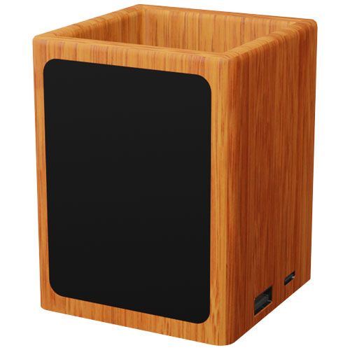 Soporte para lápices de madera con logotipo retroiluminado y doble salida USB 