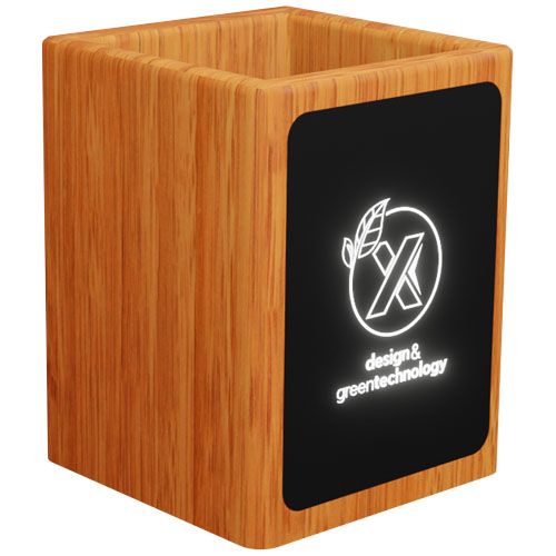 Soporte para lápices de madera con logotipo retroiluminado y doble salida USB 
