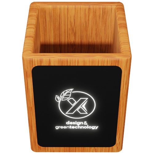 Soporte para lápices de madera con logotipo retroiluminado y doble salida USB 