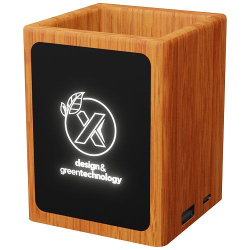 SOPORTE PARA LÁPICES DE MADERA CON LOGOTIPO RETROILUMINADO Y DOBLE SALIDA USB 