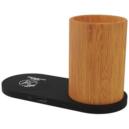 Base de carga inalámbrica con logotipo retroiluminado de 10 W y soporte para lápices de bambú 