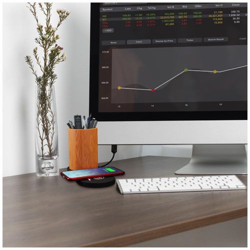 Base de carga inalámbrica con logotipo retroiluminado de 10 W y soporte para lápices de bambú 