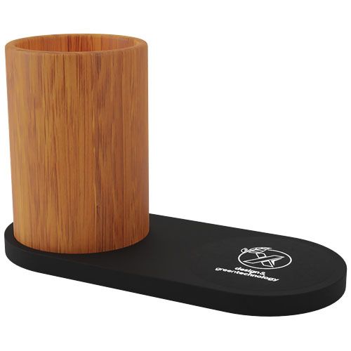 BASE DE CARGA INALÁMBRICA CON LOGOTIPO RETROILUMINADO DE 10 W Y SOPORTE PARA LÁPICES DE BAMBÚ 