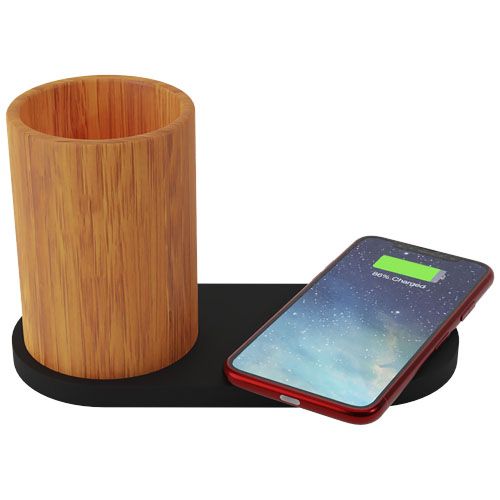 madera/negro Base de carga inalámbrica con logotipo retroiluminado de 10 W y soporte para lápices de bambú