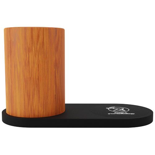 madera/negro Base de carga inalámbrica con logotipo retroiluminado de 10 W y soporte para lápices de bambú
