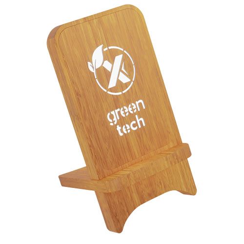 SOPORTE PARA TELÉFONO CON CARGADOR INALÁMBRICO DE MADERA DE 10W CON LOGOTIPO RETROILUMINADO 