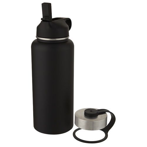 black Bidón deportivo con aislamiento de cobre al vacío de 1 l con 2 tapas