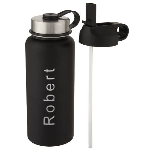 black Bidón deportivo con aislamiento de cobre al vacío de 1 l con 2 tapas