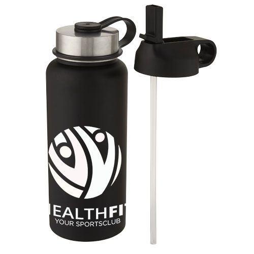 black Bidón deportivo con aislamiento de cobre al vacío de 1 l con 2 tapas