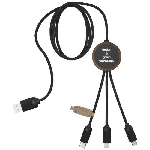Cable de carga 3 en 1 extendido de PET reciclado con logotipo retroiluminado y estuche redondo de bambú 