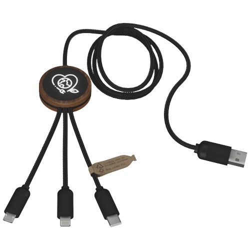 Cable de carga 3 en 1 extendido de PET reciclado con logotipo retroiluminado y estuche redondo de bambú 