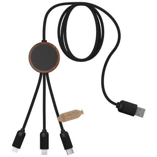 Cable de carga 3 en 1 extendido de PET reciclado con logotipo retroiluminado y estuche redondo de bambú 