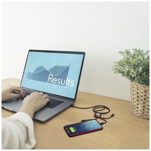 madera Cable de carga 3 en 1 extendido de PET reciclado con logotipo retroiluminado y estuche redondo de bambú