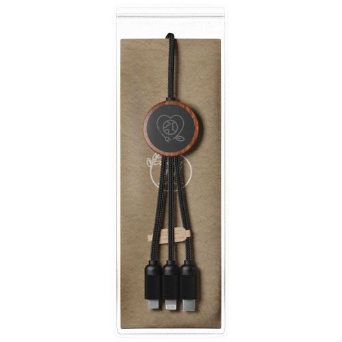Cable de carga 3 en 1 extendido de PET reciclado con logotipo retroiluminado y estuche redondo de bambú 