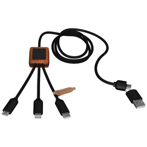 rojo/madera Cable de carga de 40 W 5 en 1 de PET reciclado con logo retroiluminado y estuche cuadrado de madera