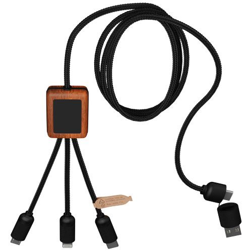 rojo/madera Cable de carga de 40 W 5 en 1 de PET reciclado con logo retroiluminado y estuche cuadrado de madera