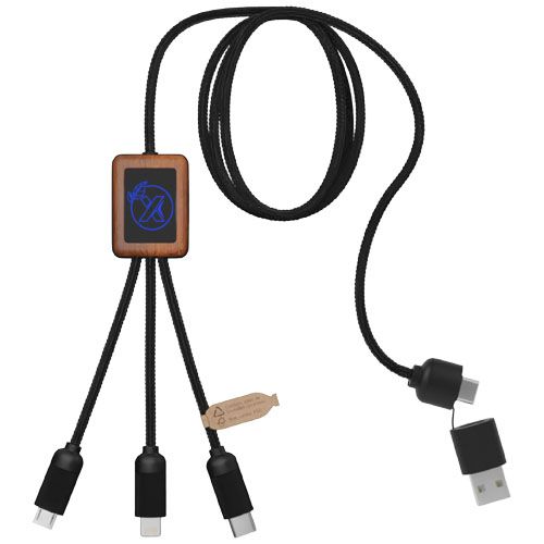 CABLE DE CARGA DE 40 W 5 EN 1 DE PET RECICLADO CON LOGO RETROILUMINADO Y ESTUCHE CUADRADO DE MADERA 