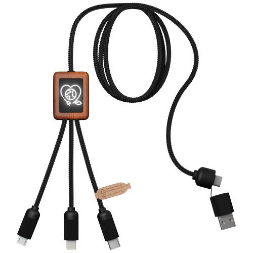 Cable de carga de 40 W 5 en 1 de PET reciclado con logo retroiluminado y estuche cuadrado de madera 