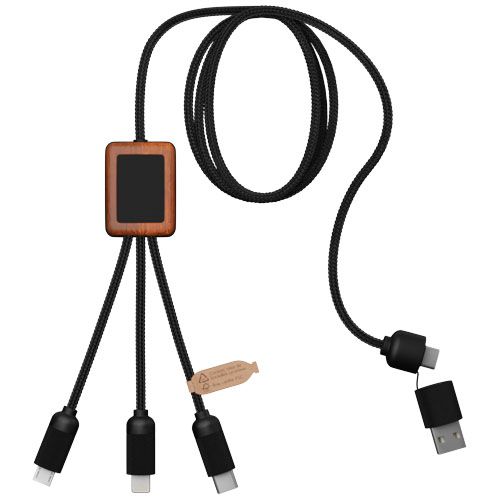 negro/madera Cable de carga de 40 W 5 en 1 de PET reciclado con logo retroiluminado y estuche cuadrado de madera