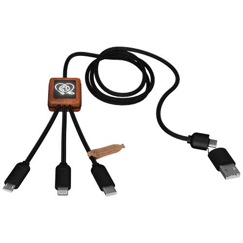 negro/madera Cable de carga de 40 W 5 en 1 de PET reciclado con logo retroiluminado y estuche cuadrado de madera