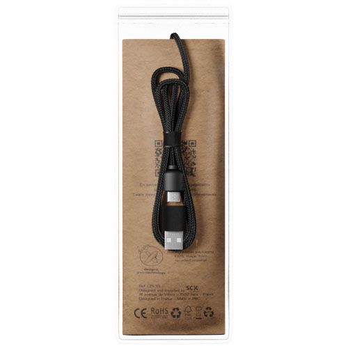 negro/madera Cable de carga de 40 W 5 en 1 de PET reciclado con logo retroiluminado y estuche cuadrado de madera