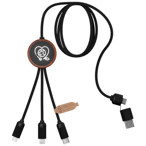 Cable de carga de 40 W 5 en 1 de PET reciclado con logo retroiluminado y estuche redondo de madera 