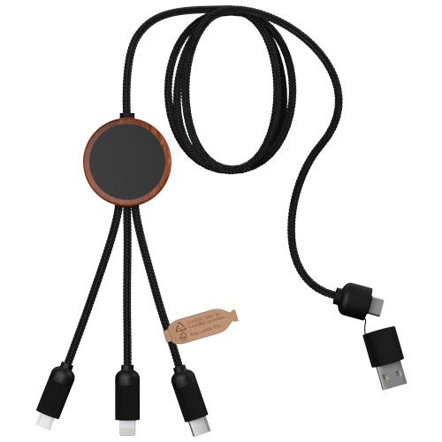 madera Cable de carga de 40 W 5 en 1 de PET reciclado con logo retroiluminado y estuche redondo de madera
