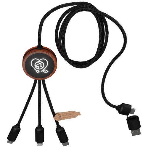 madera Cable de carga de 40 W 5 en 1 de PET reciclado con logo retroiluminado y estuche redondo de madera
