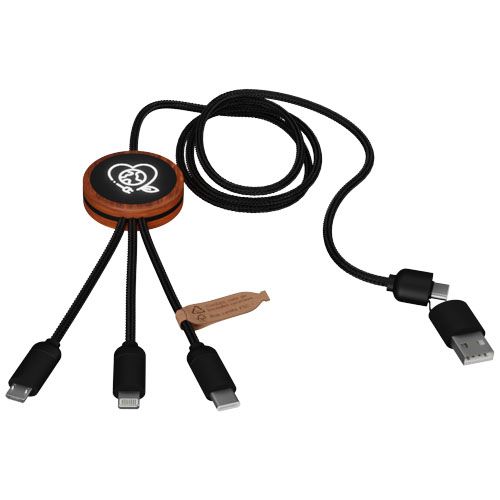 madera Cable de carga de 40 W 5 en 1 de PET reciclado con logo retroiluminado y estuche redondo de madera