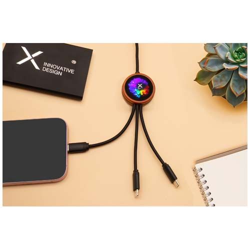 madera Cable de carga de 40 W 5 en 1 de PET reciclado con logo retroiluminado y estuche redondo de madera