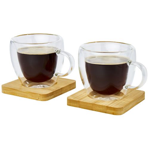 Dos tazas de vidrio de doble pared de 100 ml con posavasos de bambú 
