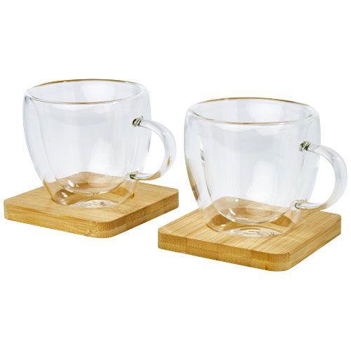Dos tazas de vidrio de doble pared de 100 ml con posavasos de bambú 