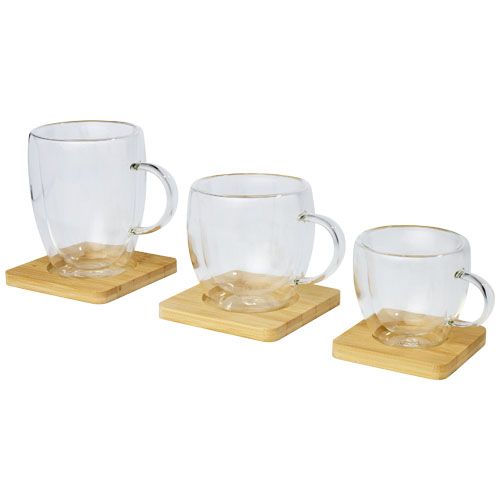 Dos tazas de vidrio de doble pared de 100 ml con posavasos de bambú 