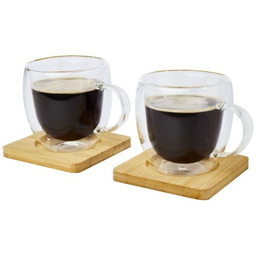 Dos tazas de vidrio de doble pared de 250 ml con posavasos de bambú 