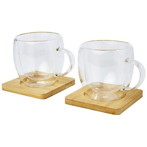 Dos tazas de vidrio de doble pared de 250 ml con posavasos de bambú 
