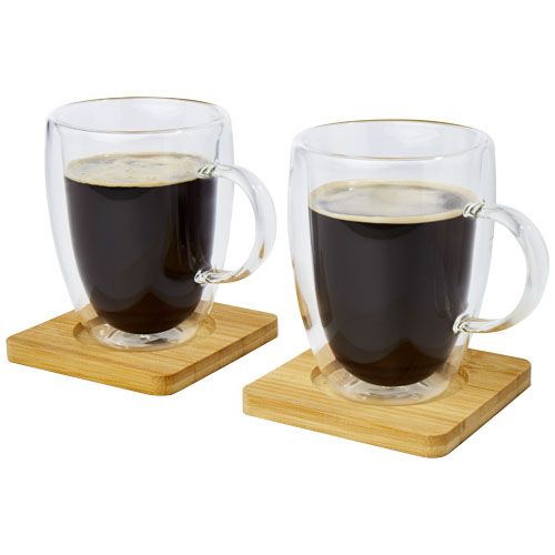 Dos tazas de vidrio de doble pared de 350 ml con posavasos de bambú 