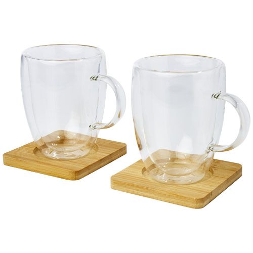 Dos tazas de vidrio de doble pared de 350 ml con posavasos de bambú 