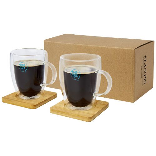 transparente/natural Dos tazas de vidrio de doble pared de 350 ml con posavasos de bambú