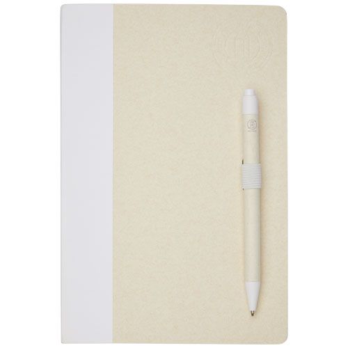 Set de libreta de referencia de tamaño A5 y bolígrafo fabricados con cartones de leche reciclados 