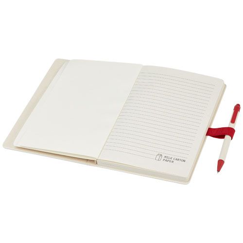 Set de libreta de referencia de tamaño A5 y bolígrafo fabricados con cartones de leche reciclados 