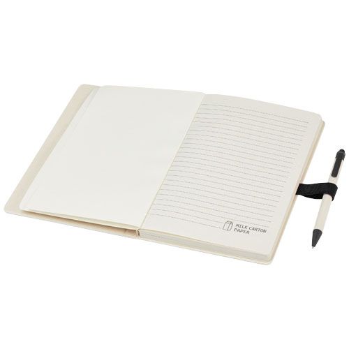 Set de libreta de referencia de tamaño A5 y bolígrafo fabricados con cartones de leche reciclados 