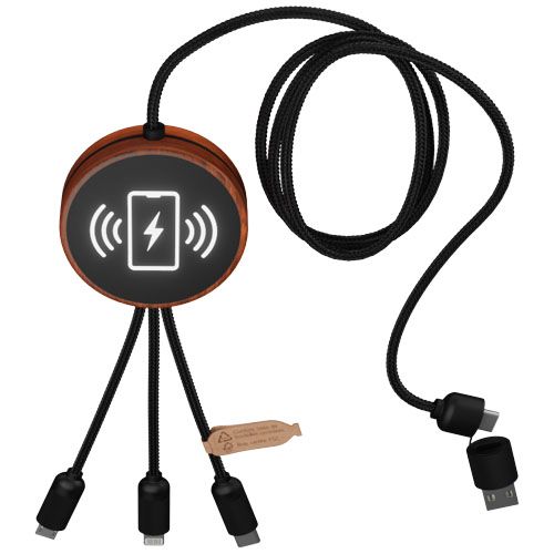 madera Cable de carga 5 en 1 de PET reciclado con logo retroiluminado y base de carga de 10 W