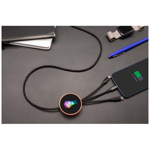 madera Cable de carga 5 en 1 de PET reciclado con logo retroiluminado y base de carga de 10 W