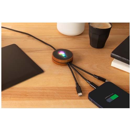 madera Cable de carga 5 en 1 de PET reciclado con logo retroiluminado y base de carga de 10 W