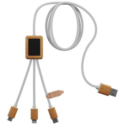 Cable de carga 3 en 1 de PET reciclado con logotipo retroiluminado y estuche cuadrado de bambú 
