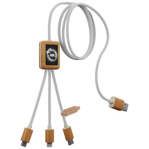 white Cable de carga 3 en 1 de PET reciclado con logotipo retroiluminado y estuche cuadrado de bambú
