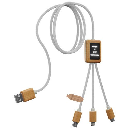 white Cable de carga 3 en 1 de PET reciclado con logotipo retroiluminado y estuche cuadrado de bambú