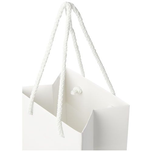 white Bolsa para botella de vino de papel integra 170 g/m2 hecha a mano con asas de plástico